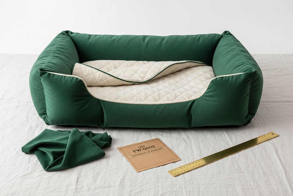 Dog Bed XL in Bottle Green velvet with kraft label, LOT FW-0001